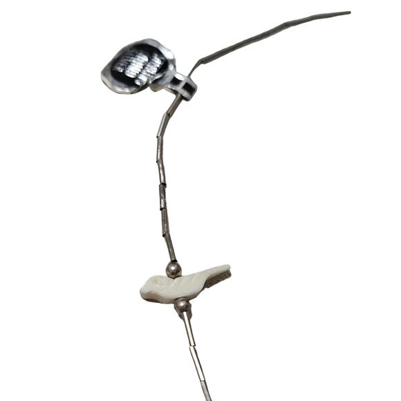 1970s Carved Bird Shell Beads Liquid Silver Single Strand Boho Necklace 16 Inch - Picture 7 of 8